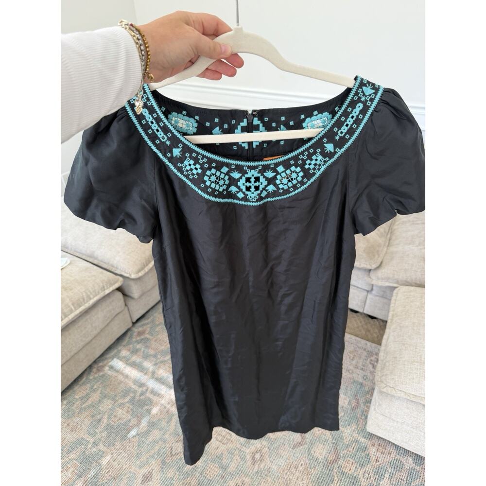 Tory Burch Black Embroidered Puff Sleeve Dress Size 8 Blue Turquoise Boho